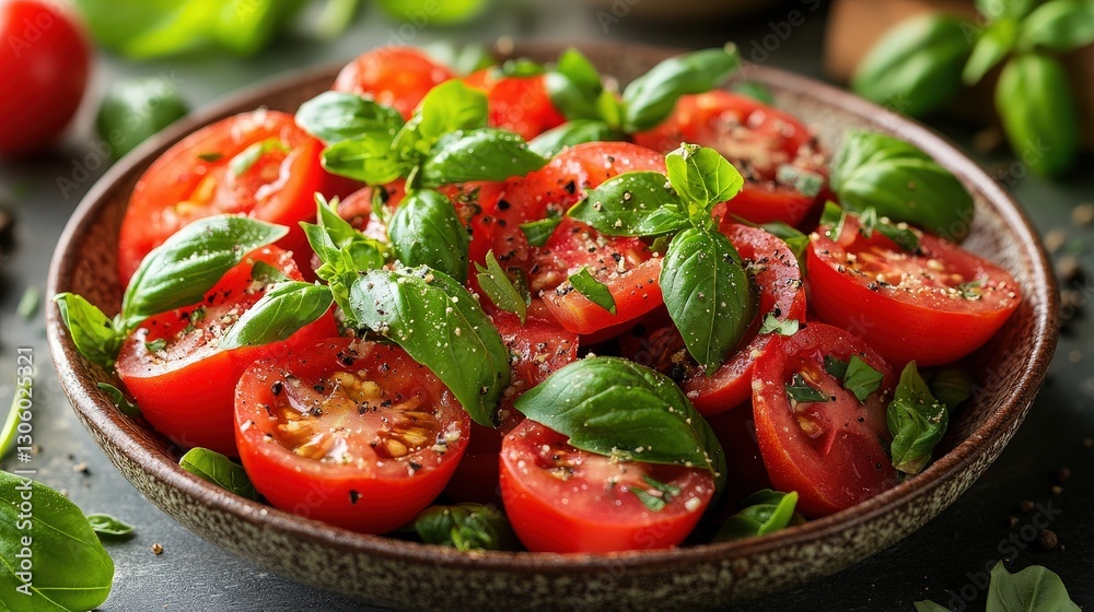 Tomato salad being served on grey surface with fresh basil garnish Tomato salad being served on grey surface with fresh basil garnish