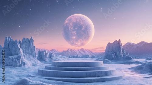 Empty podium on the surface of an ice-covered planet, with distant glowing stars and a massive, frozen moon in the sky 