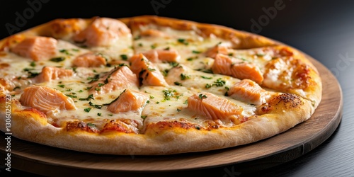 This image features a delicious gourmet pizza topped with fresh salmon, well baked crust, and a sprinkling of herbs, inviting food lovers to indulge in culinary excellence.
