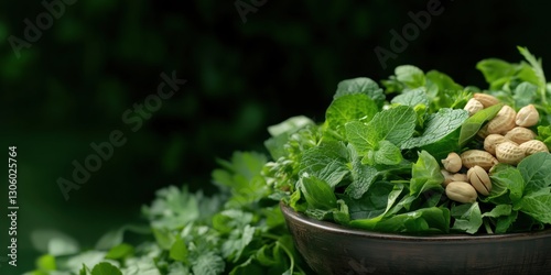 A beautifully arranged bowl of fresh greens mixed with nuts creates a vibrant, healthy salad that not only looks amazing but is full of nutrients and flavor.