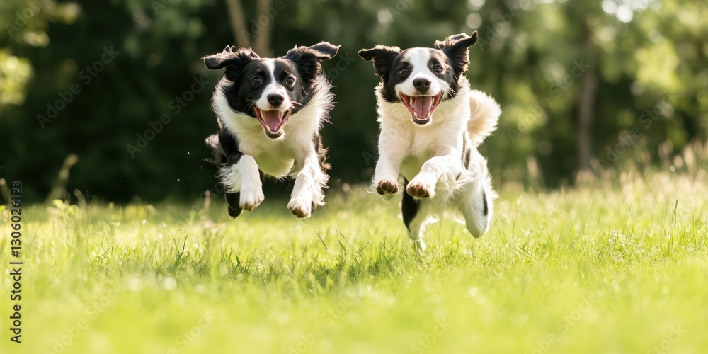The playful image features two happy dogs running freely across lush green grass, embodying joy, freedom, and energy, highlighting the bond between pets and nature during outdoor playtime. The playful image features two happy dogs running freely across lush green grass, embodying joy, freedom, and energy, highlighting the bond between pets and nature during outdoor playtime.