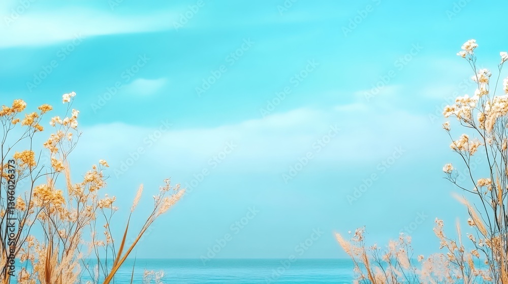 Coastal Serenity with Soft Blue Skies and Golden Flora Coastal Serenity with Soft Blue Skies and Golden Flora