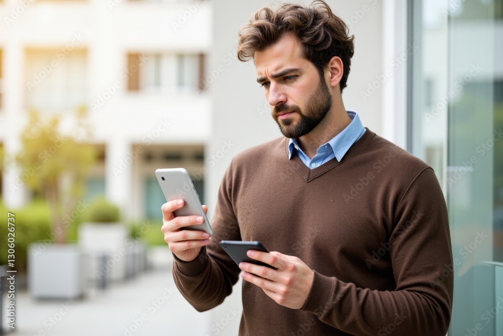 Young Hispanic Man in Casual Attire Engaging with Smartphone and Wallet in Modern Urban Environment During Daylight in Outdoor Space Young Hispanic Man in Casual Attire Engaging with Smartphone and Wallet in Modern Urban Environment During Daylight in Outdoor Space