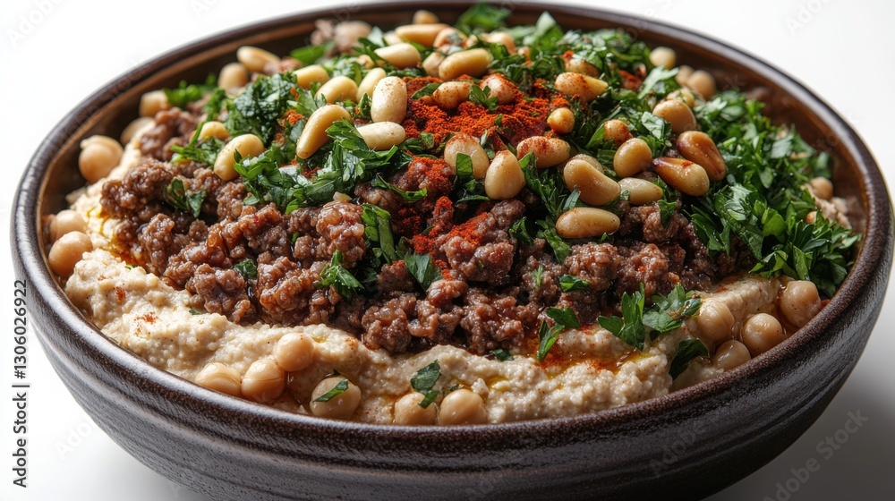 Delicious Hummus Bowl with Meat Pine Nuts and Parsley. Delicious Hummus Bowl with Meat Pine Nuts and Parsley.