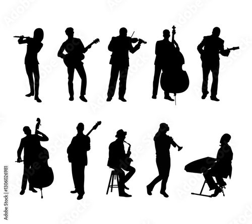 A stylish collection of jazz musician silhouettes, featuring artists playing instruments, for music festival posters, concert flyers, album covers, and jazz-themed designs