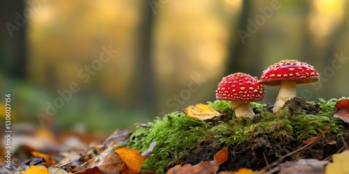 Two vibrant red mushrooms with white spots, nestled among fallen leaves in an autumn forest, capturing the essence of nature's whimsical beauty.