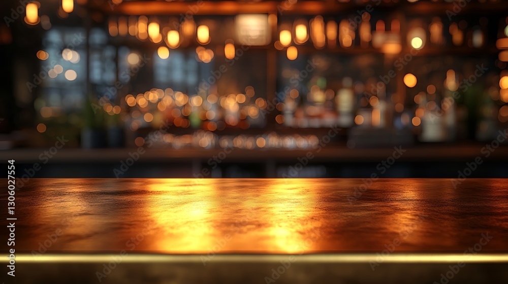 Gold tabletop with a blurred background of a bar counter and lights, for a product display montage. Gold tabletop with a blurred background of a bar counter and lights, for a product display montage.