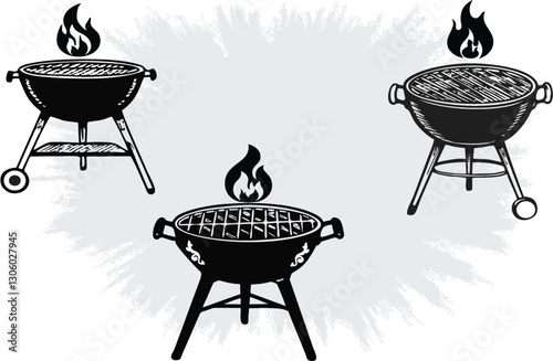 Hand Drawn grill for BBQ. Grill Barbecue Party icon. Portable Charcoal Grill with Fire Flame. Cooking, eating, party and enjoyment icon.