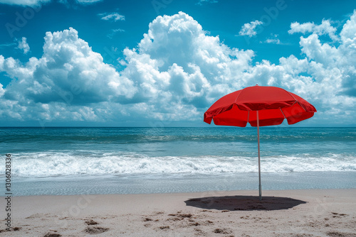 A red beach umbrella stands tall on a sandy beach overlooking a calm ocean with a mountain range in the background.