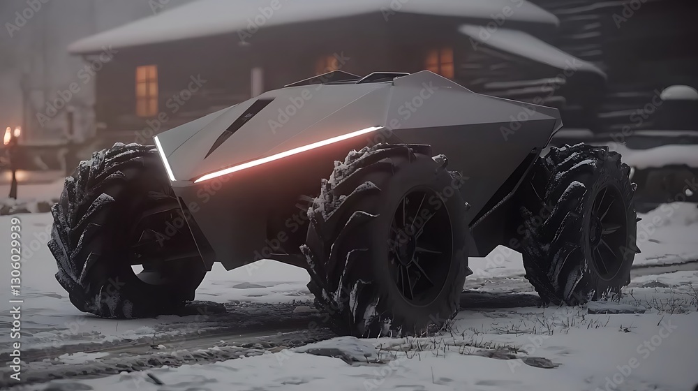 Naklejka premium Futuristic All-Terrain Vehicle in a Snowy Landscape Scene