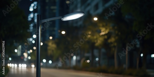 A sleek, modern street lamp casts a warm glow on an empty urban road, highlighting the serene ambiance of a quiet city evening with hints of distant traffic.