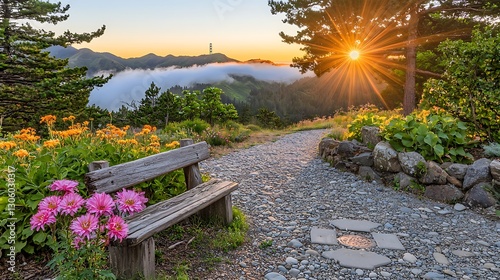 Serene sunset view on a nature trail with flowers and fog