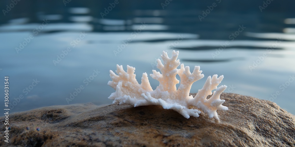 An elegant coral structure positioned on a rock with calm water in the background, representing the intricate beauty of marine life in serene environments. An elegant coral structure positioned on a rock with calm water in the background, representing the intricate beauty of marine life in serene environments.
