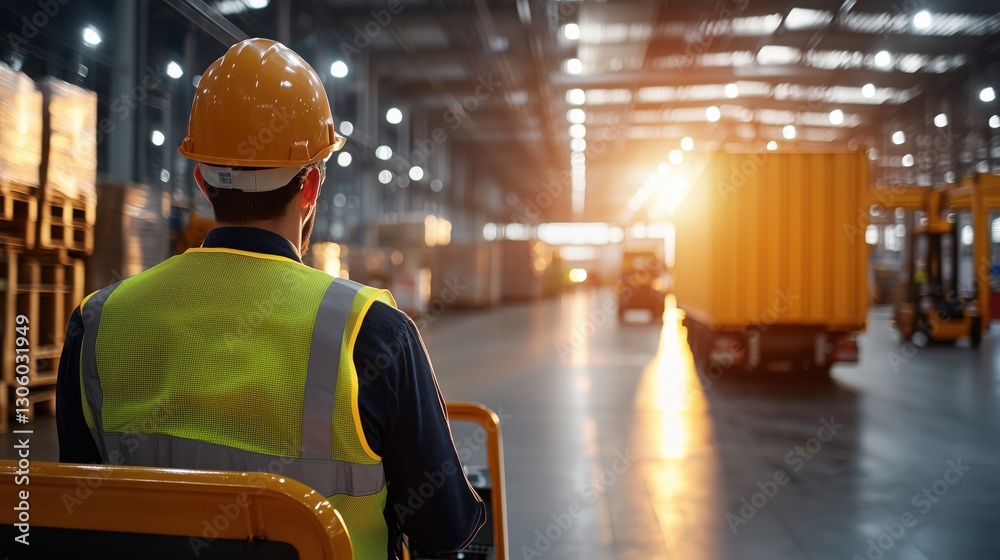Naklejka premium Worker Operating Forklift in Large Warehouse During Sunset, Freight and Logistics Industry, Global Supply Chain Management Concept