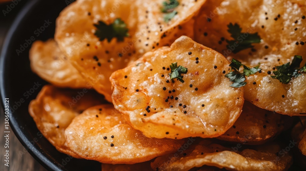 Crispy Fried Snacks with Garnish in a Black Plate on Wooden Table Crispy Fried Snacks with Garnish in a Black Plate on Wooden Table