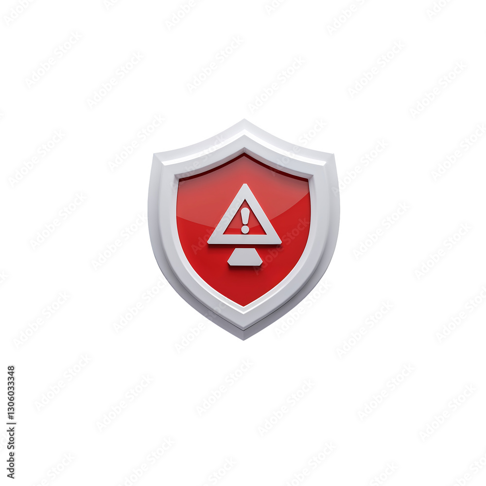 Red and silver shield icon with a warning triangle and exclamation mark, glossy security emblem with metallic texture, isolated on transparent background Red and silver shield icon with a warning triangle and exclamation mark, glossy security emblem with metallic texture, isolated on transparent background