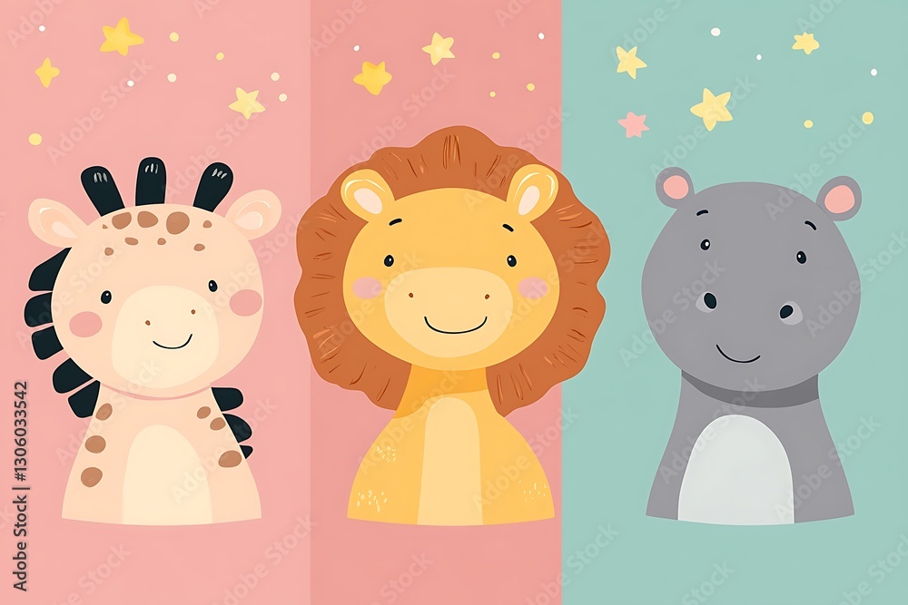 Cute animal portraits, giraffe, lion, hippo, stars, pastel background Cute animal portraits, giraffe, lion, hippo, stars, pastel background