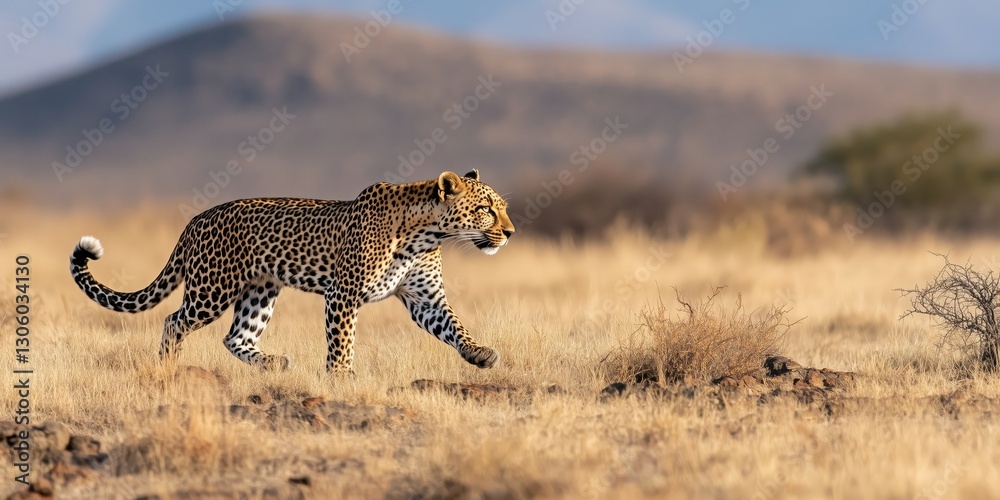 Obraz premium A fierce leopard walks confidently across a golden savanna, embodying the wild spirit of Africa while blending seamlessly into the dry grass environment.