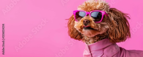 Cool Brown Poodle Dog in Pink Sunglasses and Jacket Against a Pink Background Portrait