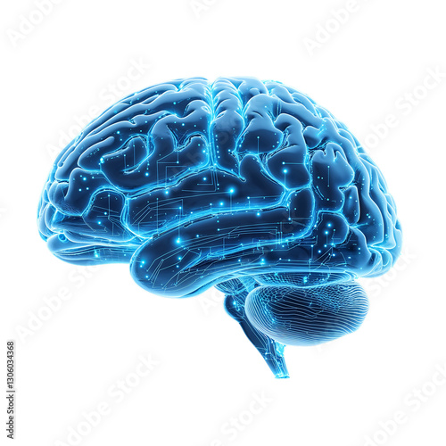 Glowing blue brain with neon light effects, detailed 3D-rendered transparent anatomical structure, futuristic neural network illustration on a white background