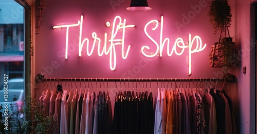 Neon sign thrift shop green muted pink glowing vintage boutique softly illuminating racks filled second hand treasures
