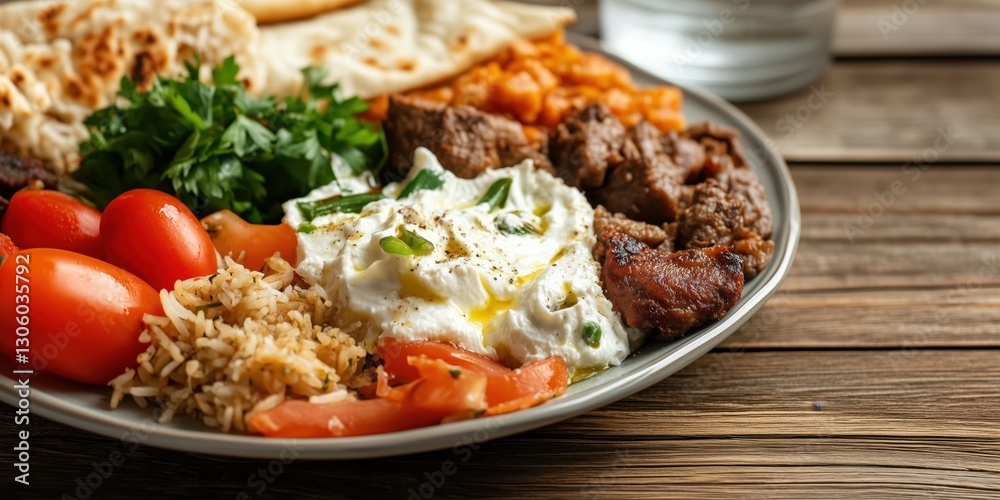 This image showcases a beautifully arranged Mediterranean dish featuring tender meat, rice, vegetables, and soft bread, evoking the essence of traditional Mediterranean cuisine.