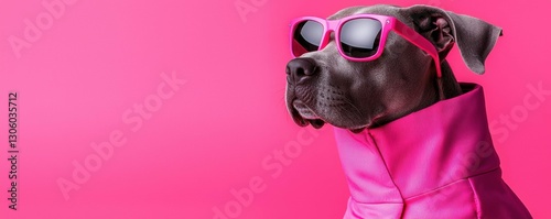 Canine Coolness A Dog in Shades and Pink Jacket Posing Confidently Against a Vibrant Pink Backdrop