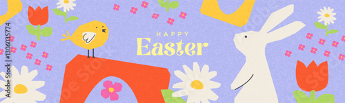 Happy Easter banner. Trendy Easter design with typography, spring flowers, eggs, chick and bunny in bright colors. Modern minimal style. Horizontal poster, greeting card, header for web website