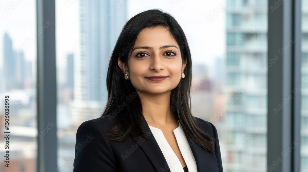 Professional woman in formal attire with modern office background Professional woman in formal attire with modern office background