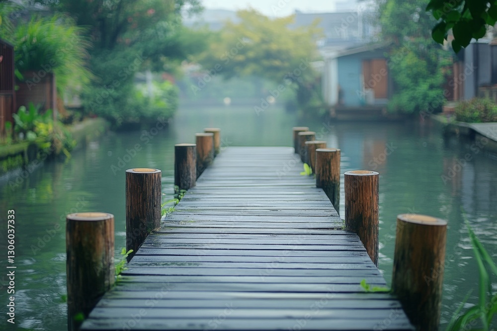 Naklejka premium Serene wooden pier stretching over a calm lake surrounded by greenery