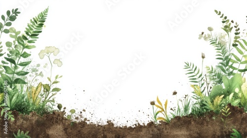 Watercolor Illustration of Soil with Plants and Flowers - Perfect for Gardening and Nature Designs