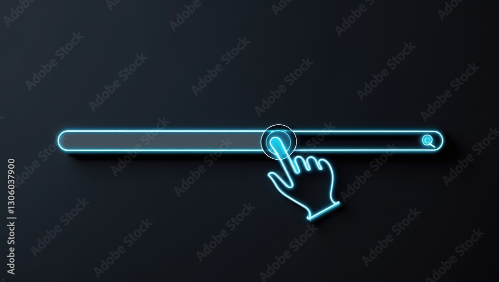 Futuristic user interface with a glowing progress bar and a human hand adjusting the slider