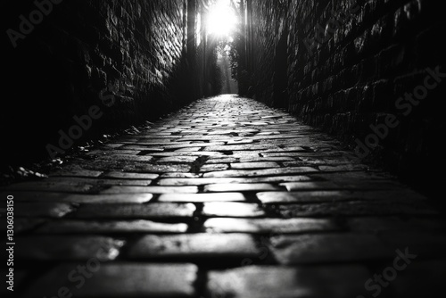Dark cobblestone alley illuminated by a single vintage street lamp at night