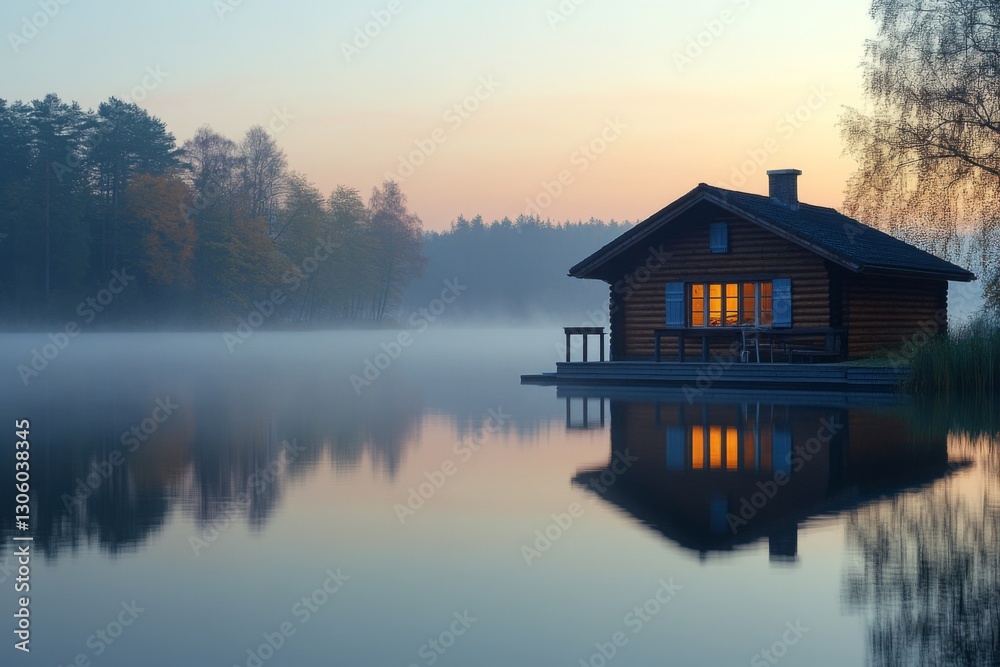 Wooden house floating on a calm misty lake in the morning Wooden house floating on a calm misty lake in the morning