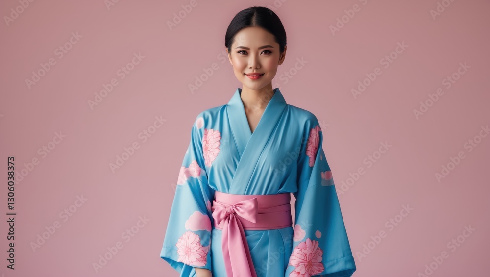Portrait of a young woman in a traditional garment with pink floral patterns against a pastel pink background, radiating serenity and elegance Portrait of a young woman in a traditional garment with pink floral patterns against a pastel pink background, radiating serenity and elegance