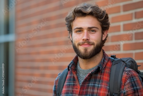 Portrait of a bearded young man standing in front of brick wall photo