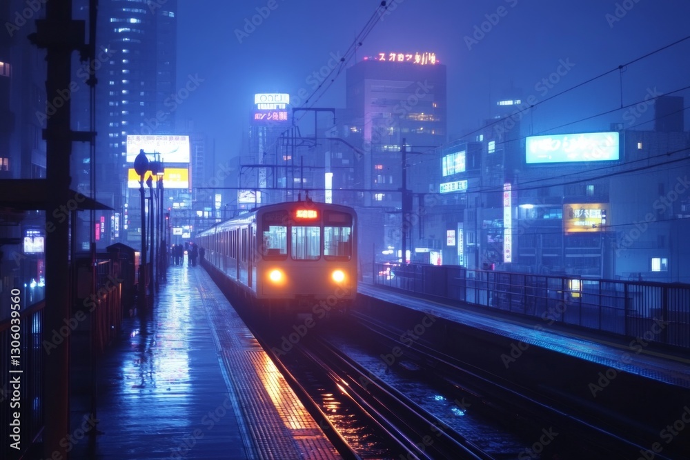 Moody nighttime cityscape with wet streets and glowing neon signs Moody nighttime cityscape with wet streets and glowing neon signs