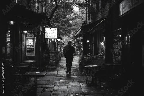 Mysterious black and white street scene with a person walking alone at night