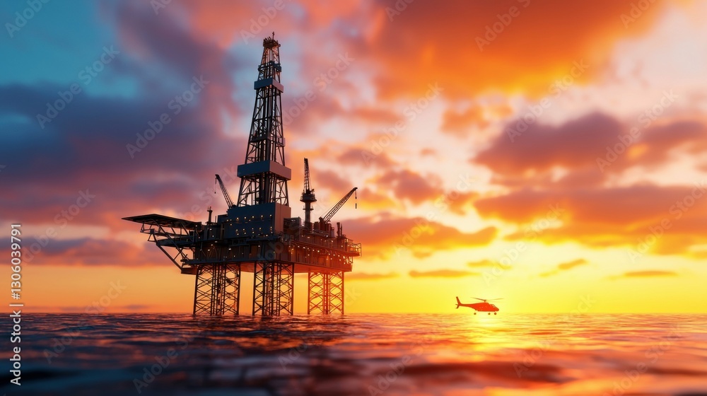 Offshore Oil Rig at Sunset with Helicopter Transporting Workers Exploration and Production Offshore Oil Rig at Sunset with Helicopter Transporting Workers Exploration and Production