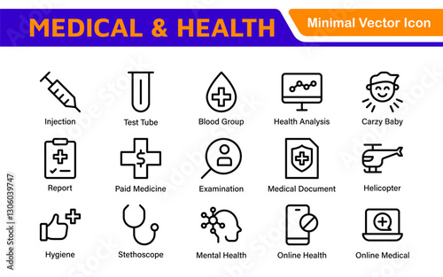 Set of Medical web icons in line style. Medicine and Health Care, RX. Medicine, check up, doctor, dentistry, pharmacy, lab, scientific discovery, collection.
