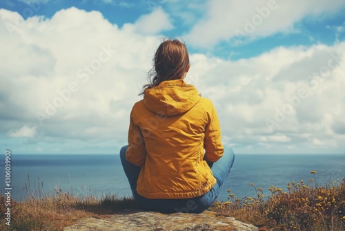 Person sitting cross-legged on grass looking at the sky