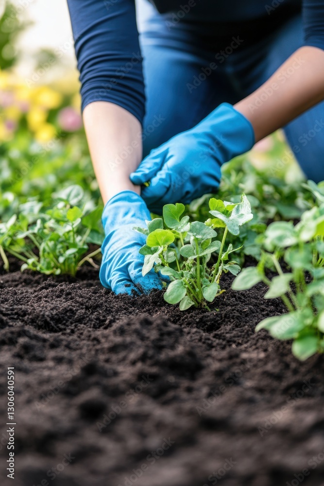 Fototapeta premium Closeup view of hands of gardener working in field planting flowers.