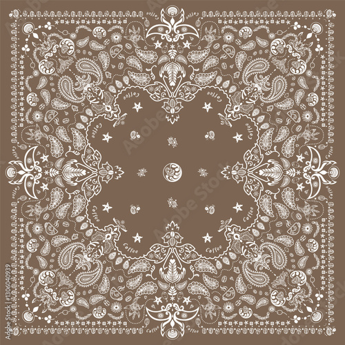 Coffee Bandana Print, paisley pattern. coffee, coffee beans, flowers, decorative geometric line ornament. Bandana pattern template. Silk neck scarf or kerchief square pattern design.