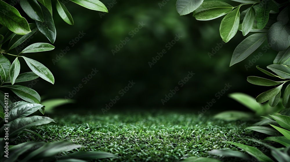 Obraz premium Lush Green Foliage Background: Dark Tropical Leaves and Grass