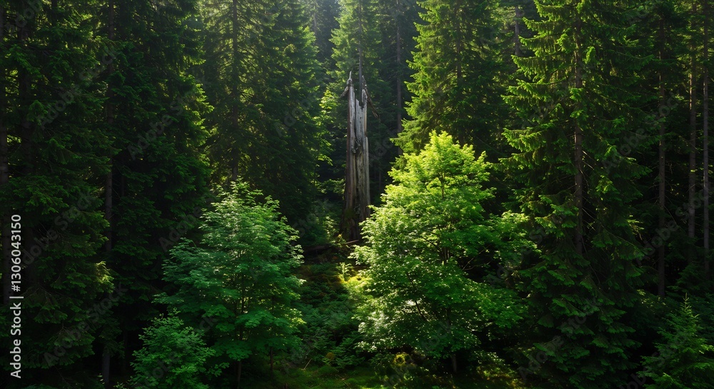 Obraz premium Sunlit Forest Path Lush Green Canopy. AI Generated