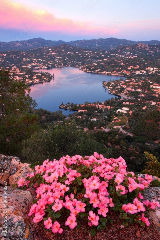 Obraz premium A scenic view of a lake surrounded by homes and hills, adorned with vibrant pink flowers in the foreground, showcasing a serene sunset atmosphere.