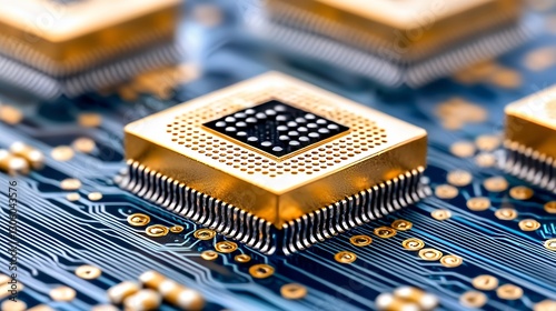 Gold Microchips on Blue Circuit Board Close Up