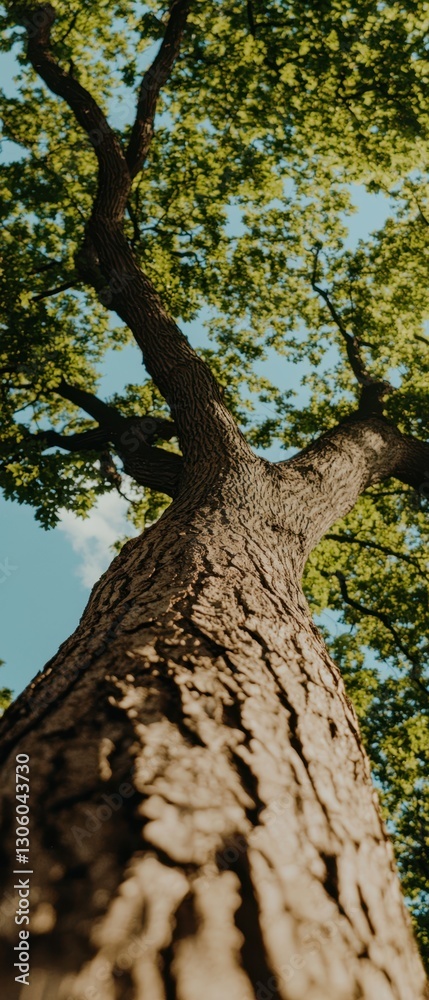 Obraz premium A towering tree stretches upwards, showcasing its textured bark and vibrant green leaves against a clear blue sky.