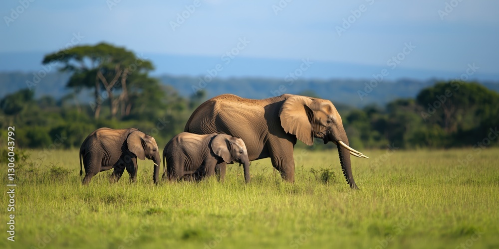 Fototapeta premium A heartwarming scene of a family of elephants peacefully grazing in a lush green field, representing kinship and the beauty of nature in its purest form.