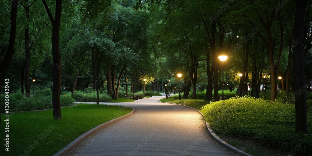 Obraz premium An inviting pathway in a lush park environment, softly lit by warm lights, creating a serene atmosphere perfect for leisurely strolls amidst nature's beauty.